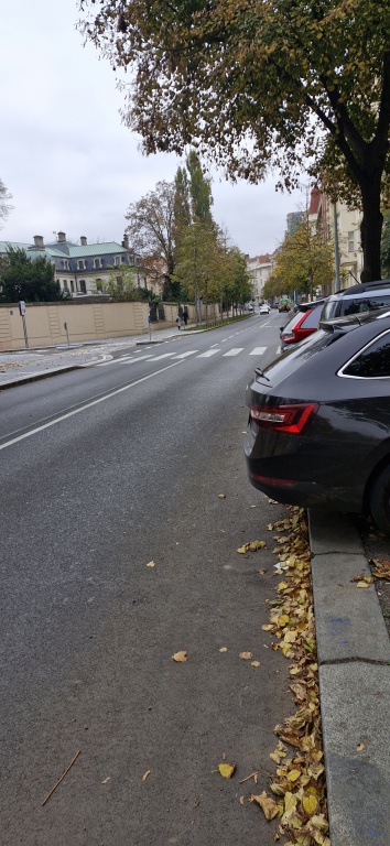 Značka přechodu pro chodce před křižovatkou v Bubenečské ulici.