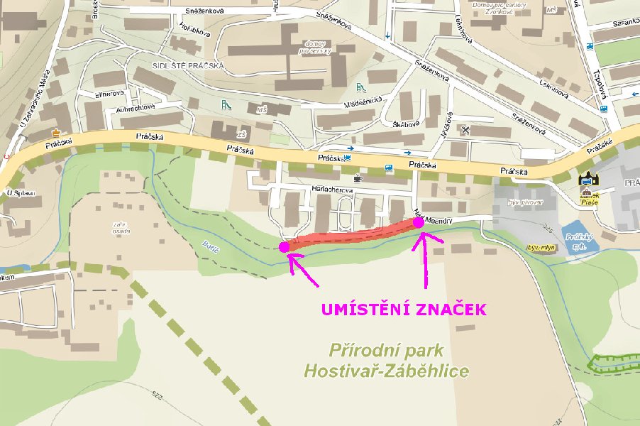 Zákaz vstupu na cestu podél Botiče u zástavby podél ul. Harlacherova