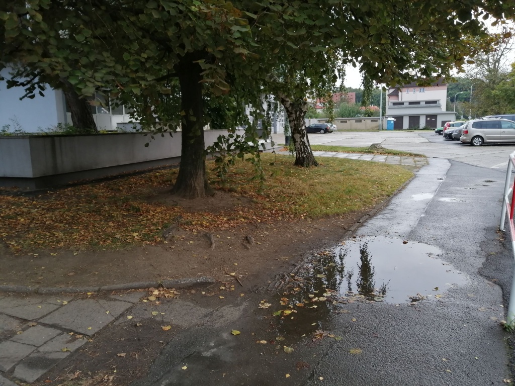 Neodtékající voda z chodníku před hasičárnou Heyrovského náměstí