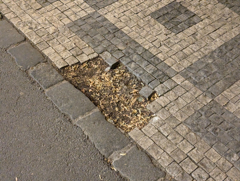 Chybějící dlažební kostky u Vinohradské vodárny