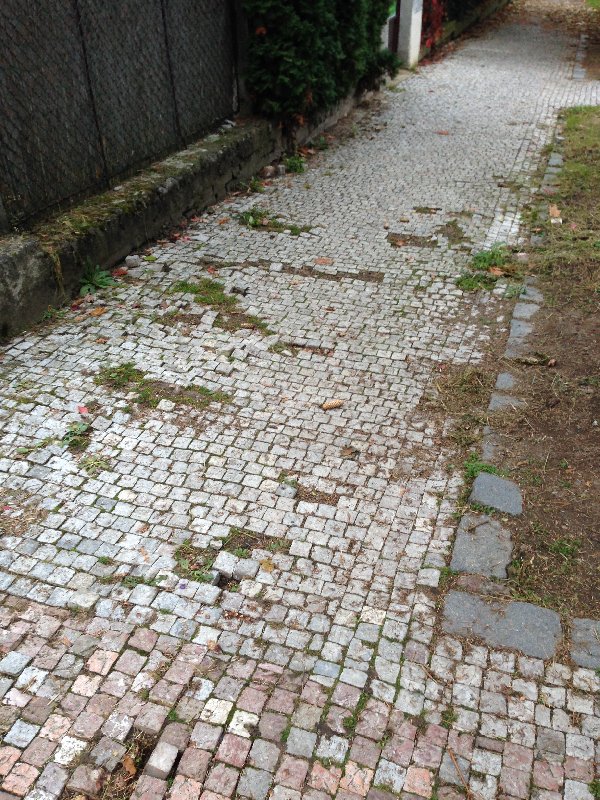 Díry v chodníku v ulici V Cibulkách.
