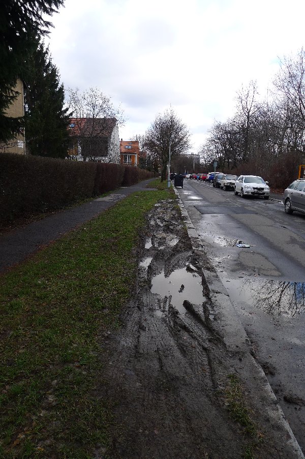 Rozježděná zeleň v ulici Dětská, Praha 10