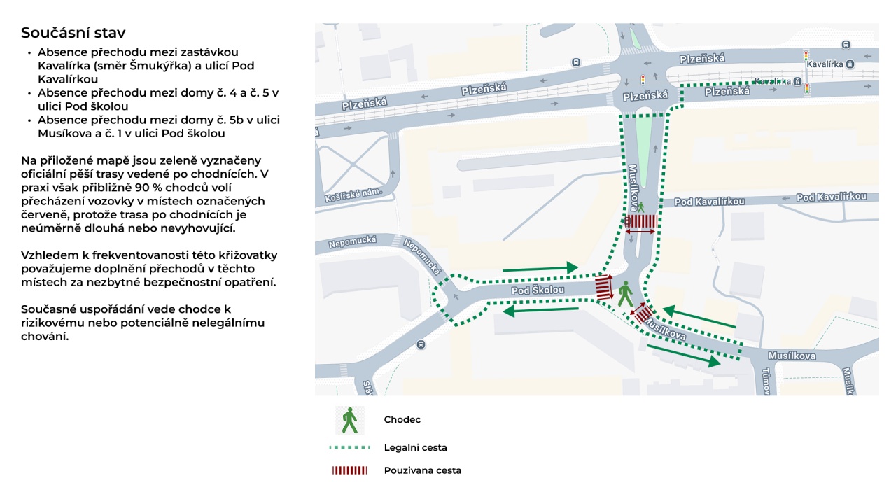 Kavalírka - chybějící přechody pro chodce