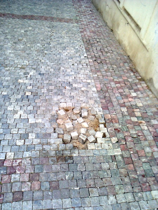 Rozbitý chodník, chybějí stromy v Anny Letenské, Praha 2