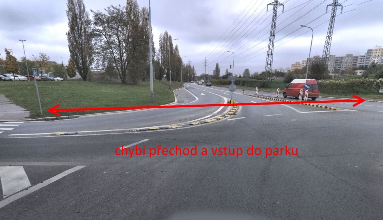 Chybějící přístup do parku u Chodovské tvrze od Chodovce, zacházka