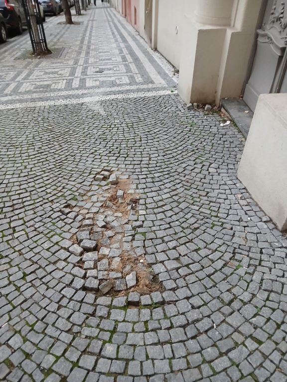 Rozbitý chodník před domem – U Rajské zahrady 954/2