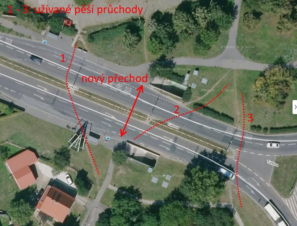 Chybějící přechod přes Türkovu na vyústění Saudkovy