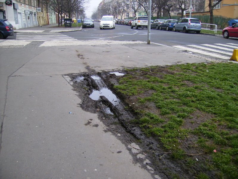 Rozježděný chodník i zeleň