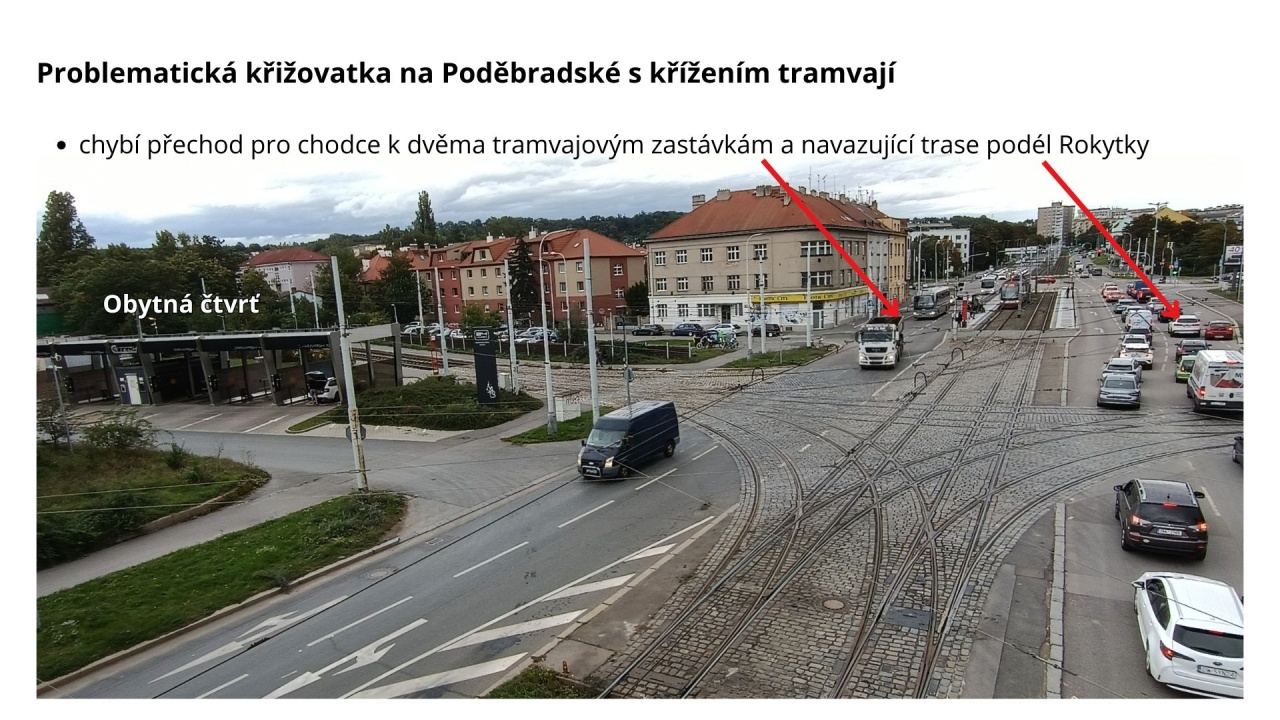 Chybějící přechod k dvěma zastávkám na Poděbradské (Starý Hloubětín)