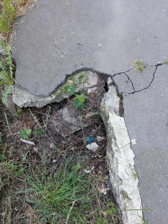 Rozbitý chodník před bytovým domem ulici Hrubého (severní strana)