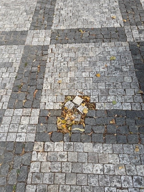 Poškozený chodník v ulici Lucemburská 1242/21